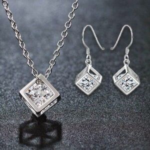 Rubik's Cube Necklace & Earring Set, 925 Sterling Silver + Cubic Zirconium Stone